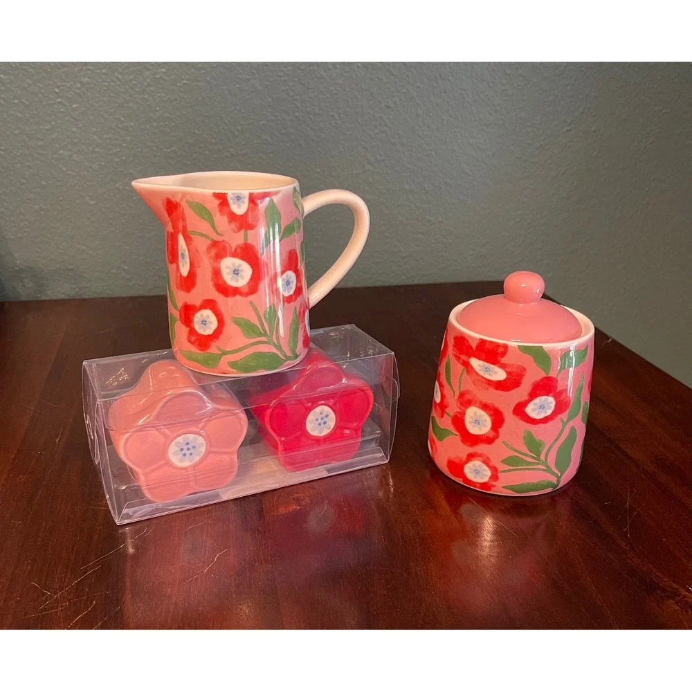 Pink Floral Cream Sugar Set with Flower Salt Pepper Shakers 4pc